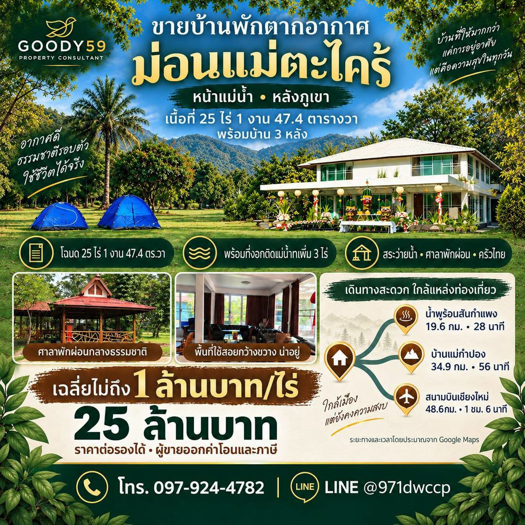 Vacation home for sale “Mon Mae Ta Krai“, private atmosphere, beautiful location “in front of the river, behind the mountains“