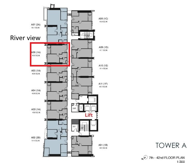 Sale down payment Date Time Na Chao Phraya, 1 bedroom, 46.8 sq m, river view 16A06, price 7.35 million.