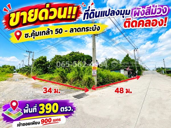 Land for sale, Khum Klao 50 (S.I.C.D. 5), Lat Krabang, purple layout, corner plot, next to the canal! High potential location, area 390 square wah (beautiful plot, easy to fill), selling for only 19,500 baht/square wah! (Good location, hurry and reserve i