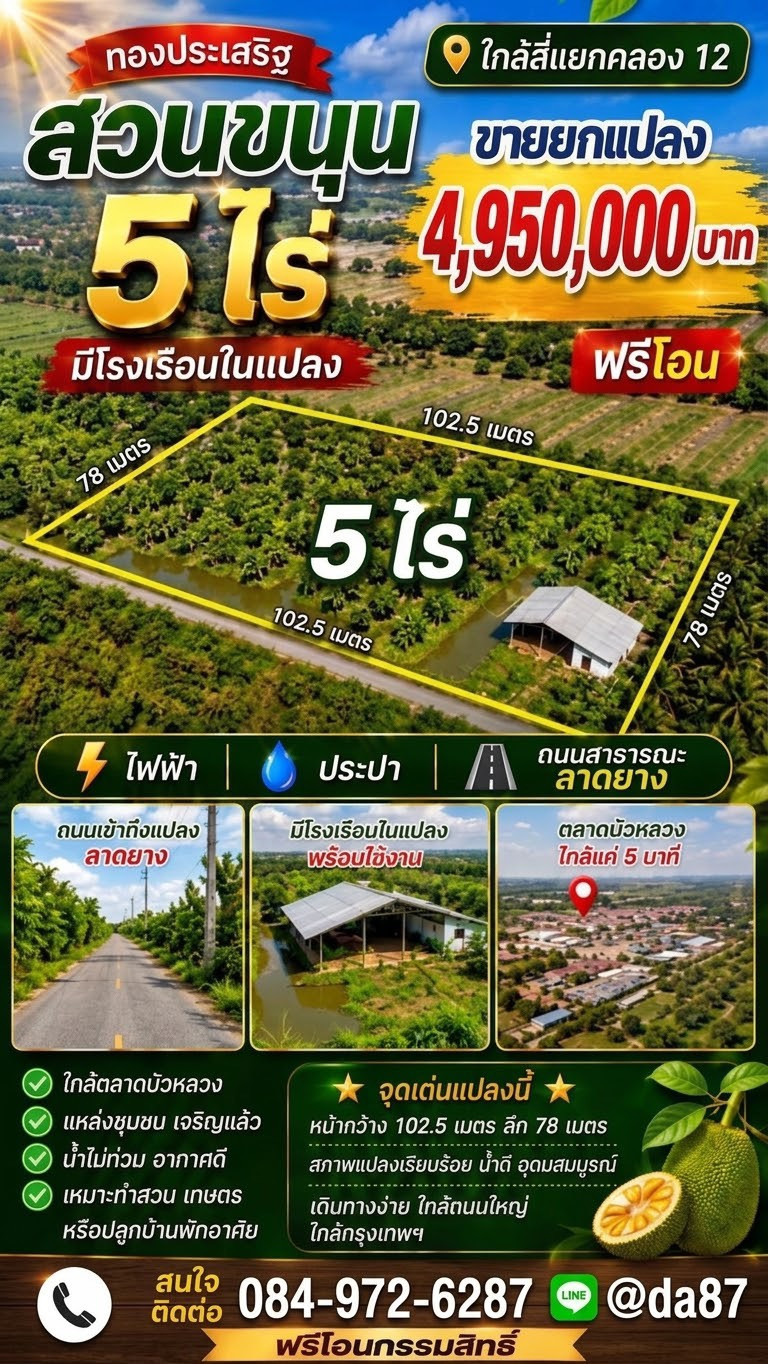 Garden for sale with 1 greenhouse, 5 rai, urgent sale, Nong Suea, Pathum