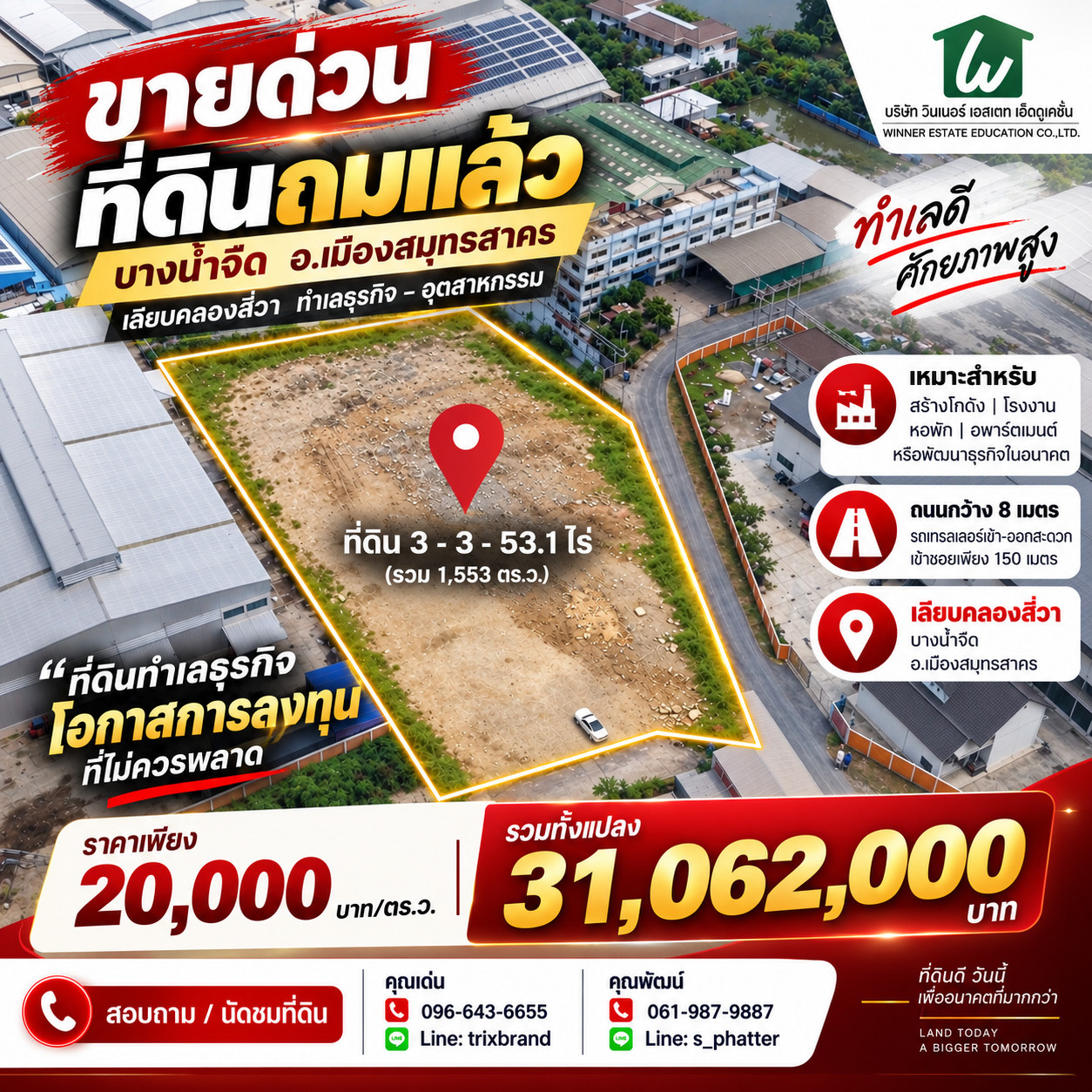🔥 ขายที่ดินถมแล้ว เนื้อที่ 3 ไร่ 3 งาน 53 ตร.ว. เลียบคลองสี่วา ทำเลธุรกิจ–อุตสาหกรรม 🚛 ถนนกว้าง 8 เมตร รถเทรลเลอร์เข้า–ออกสะดวก เข้าซอยเพียง 150 เมตร 📍 บางน้ำจืด อ.เมืองสมุทรสาคร เหมาะสำหรับ สร้างโกดัง | โรงงาน | หอพัก | อพาร์ตเมนต์ 