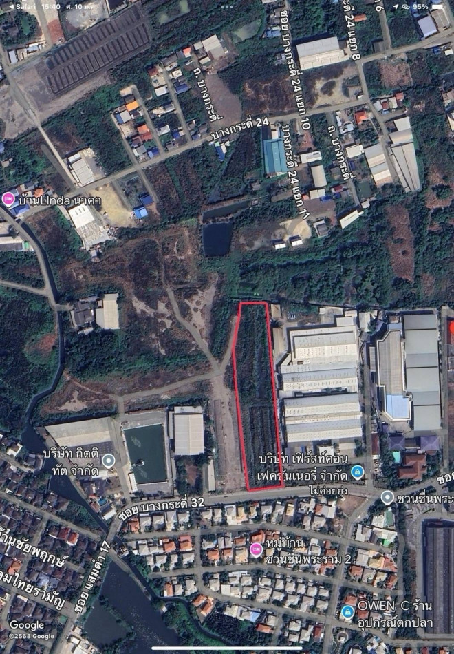 Land for sale, large plot of 6 rai, width 46 meters, Soi Bang Kradi 32, Rama 2, already filled, good location, 6 rai 35 sq m. Land for sale, large plot of 6 rai, width 46 meters, Soi Bang Kradi 32, Rama 2, already filled, good location, 6 rai 35 sq m.