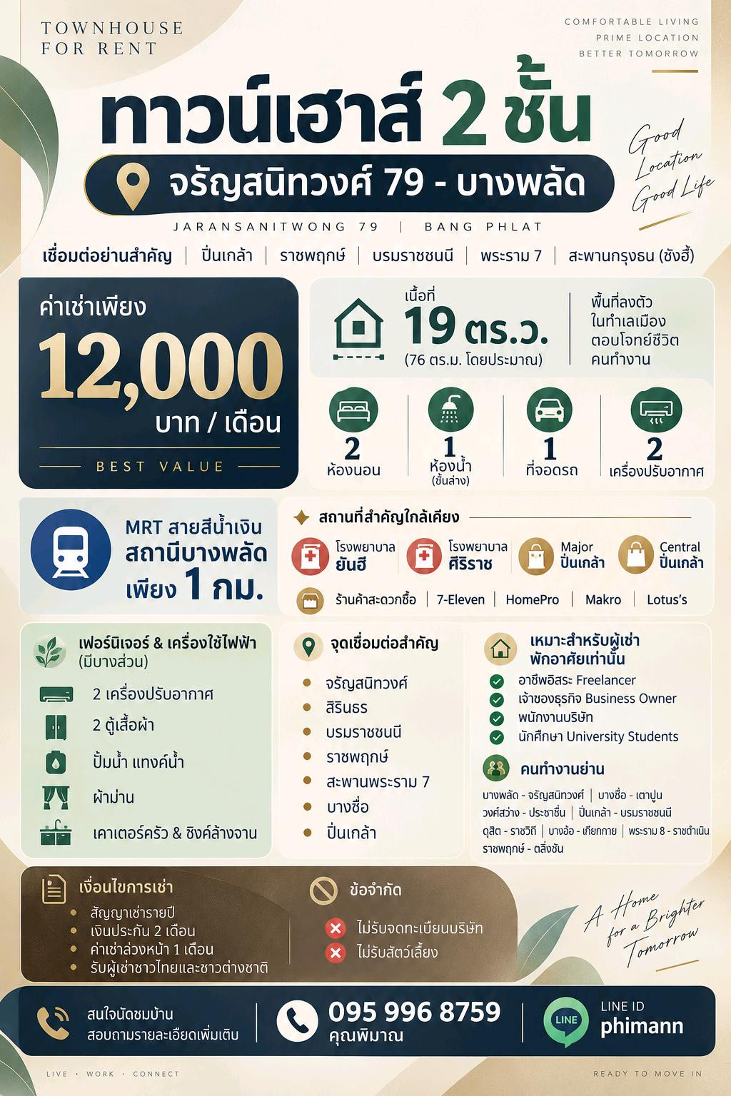 ให้เช่า ทาวน์เฮาส์ 2 ชั้น จรัญสนิทวงศ์ 79 - บางพลัด | 2 แอร์ | 1 จอดรถ  ⭐️ เชื่อมต่อย่านสำคัญ ปิ่นเกล้า - ราชพฤกษ์ - บรมราชชนนี - พระราม 7 - สะพานกรุงธน (ซังฮี้) – รูปที่ 2