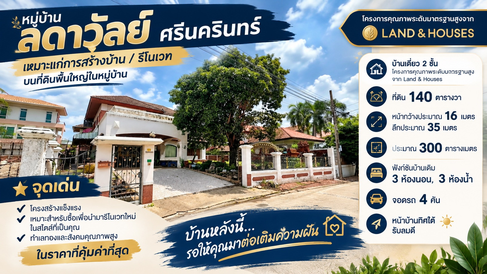 ขายบ้านเดี่ยว ลดาวัลย์ ศรีนครินทร์ (Ladawan Srinakarin) 140 ตารางวา เหมาะแก่การรีโนเวทในแบบของคุณ