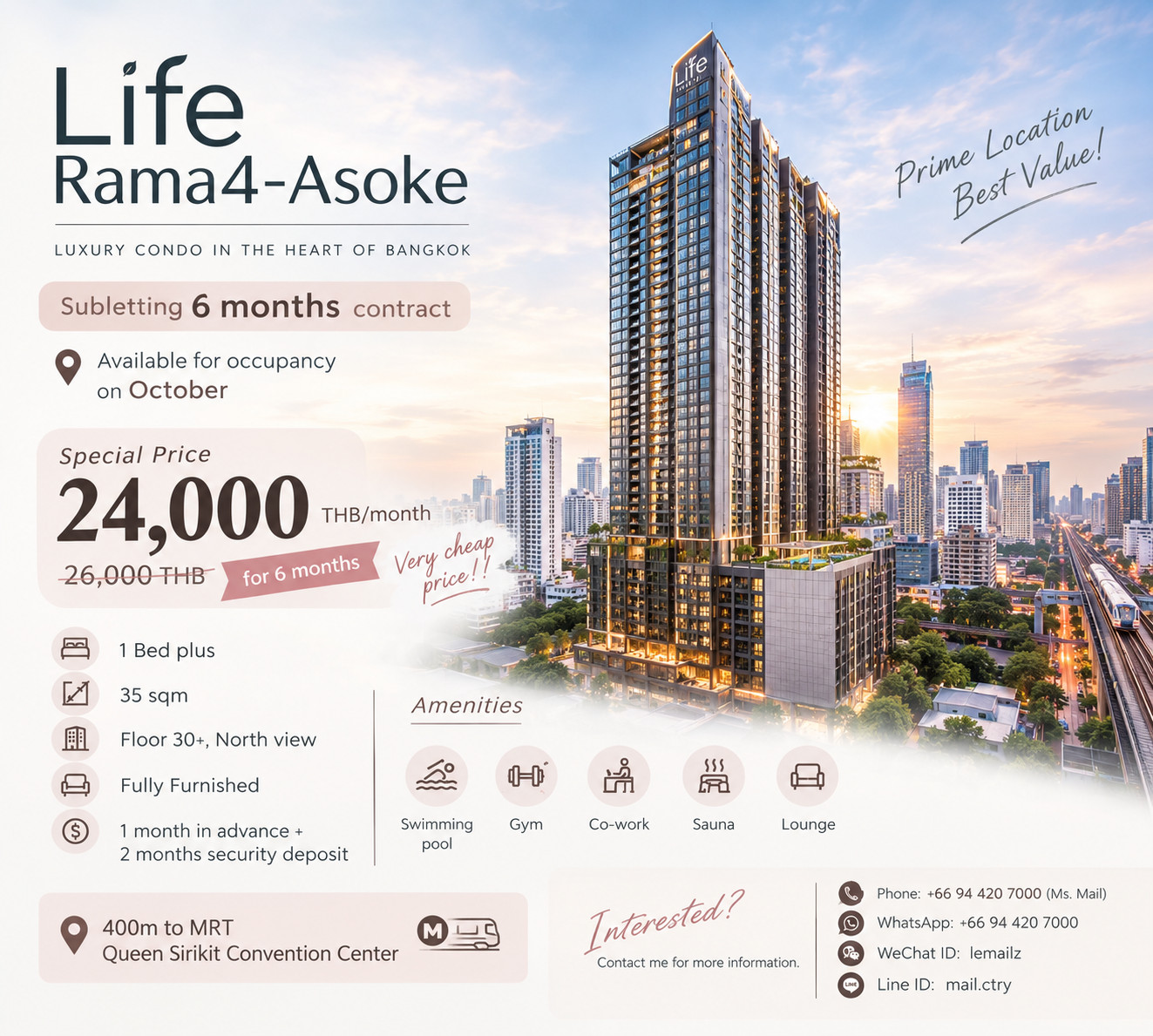 Urgent! Subletting 6 months contract. 1 month's security deposit! Popular luxury condo in the heart of Asoke, Available for occupancy on October. Urgent! Subletting 6 months contract. 1 month's security deposit! Popular luxury condo in the heart of Asoke, Available for occupancy on October.