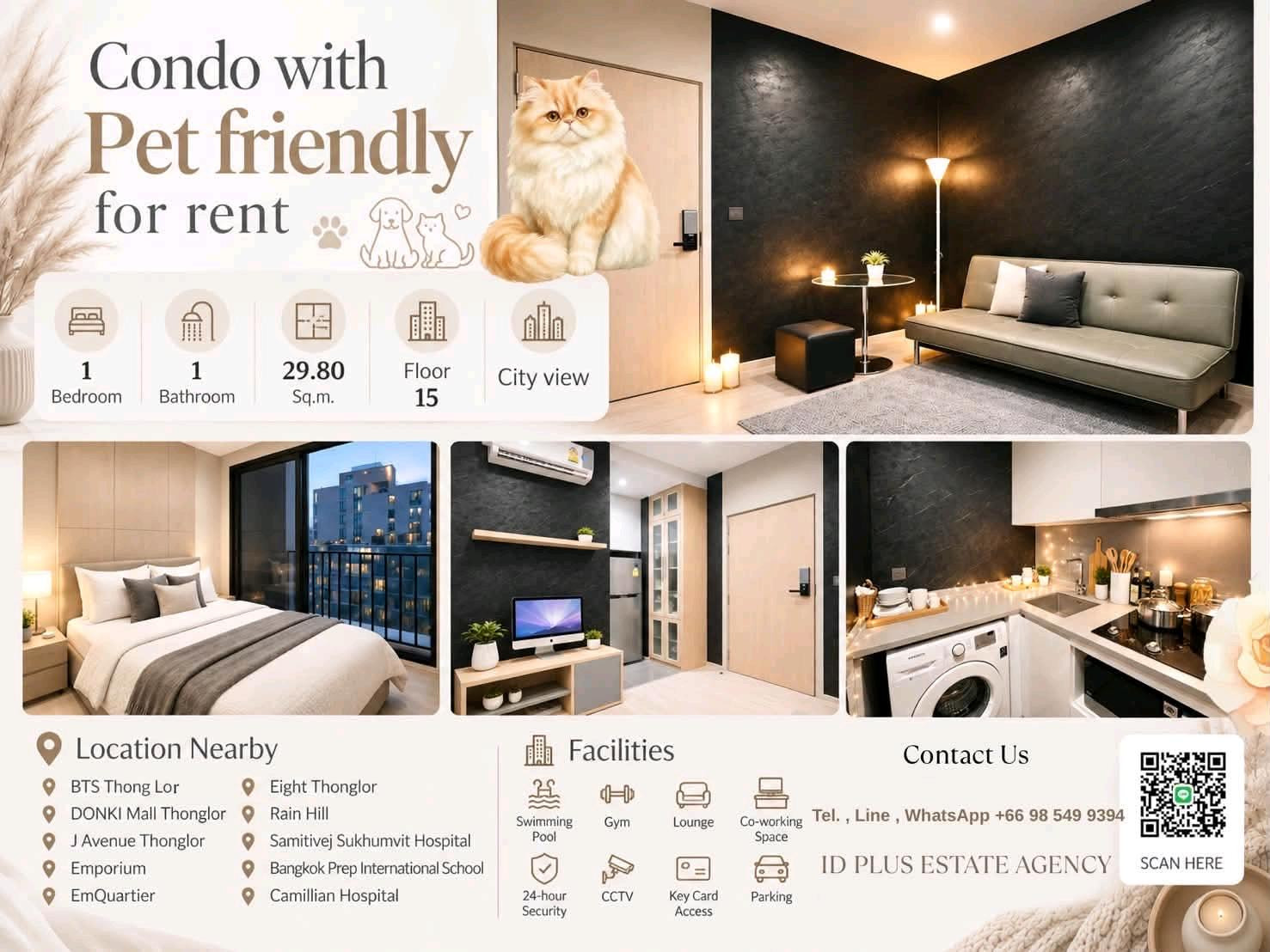 Condo with Pet friendly for Rent 🐈 : 1 bedroom for 29.80 sq.m City view On 15th floor. fully furnished and electrical appliances. Walk 9 mins. To The Commons Thonglor. Rental Only for 26,500 / Sale Only for 5MB. Condo with Pet friendly for Rent 🐈 : 1 bedroom for 29.80 sq.m City view On 15th floor. fully furnished and electrical appliances. Walk 9 mins. To The Commons Thonglor. Rental Only for 26,500 / Sale Only for 5MB.