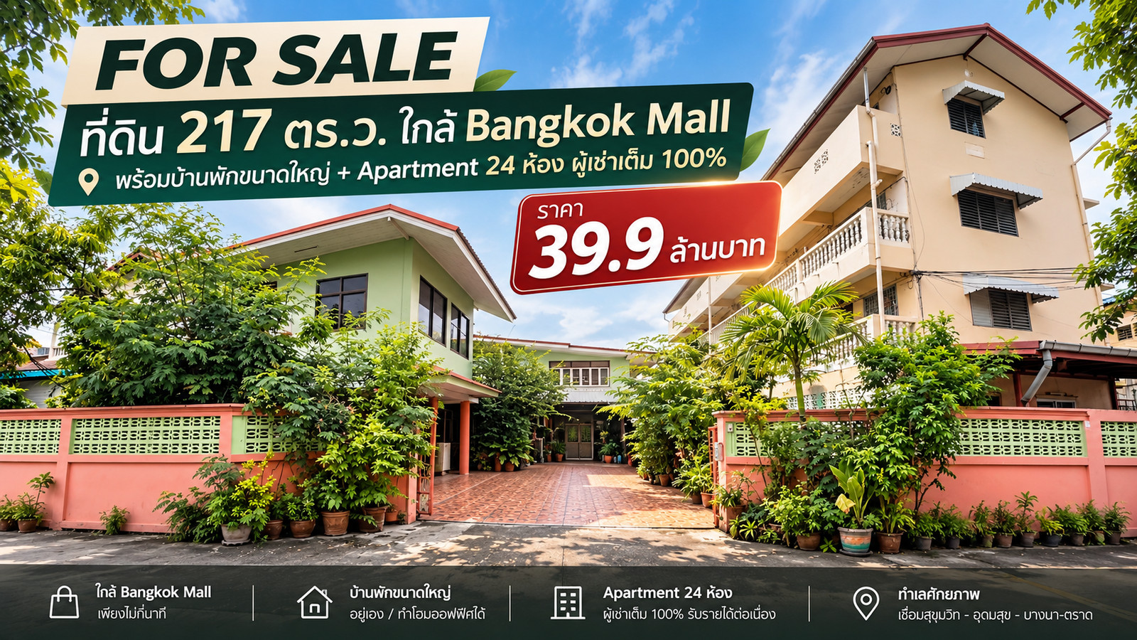 ขายที่ดิน พร้อมบ้านและอพาร์ทเม้นท์ 24 ห้อง สุขุมวิท 103/2 ใกล้ Bangkok Mall สำหรับนักลงทุนที่ต้องการ Strategic Land โซนอุดมสุข–บางนา