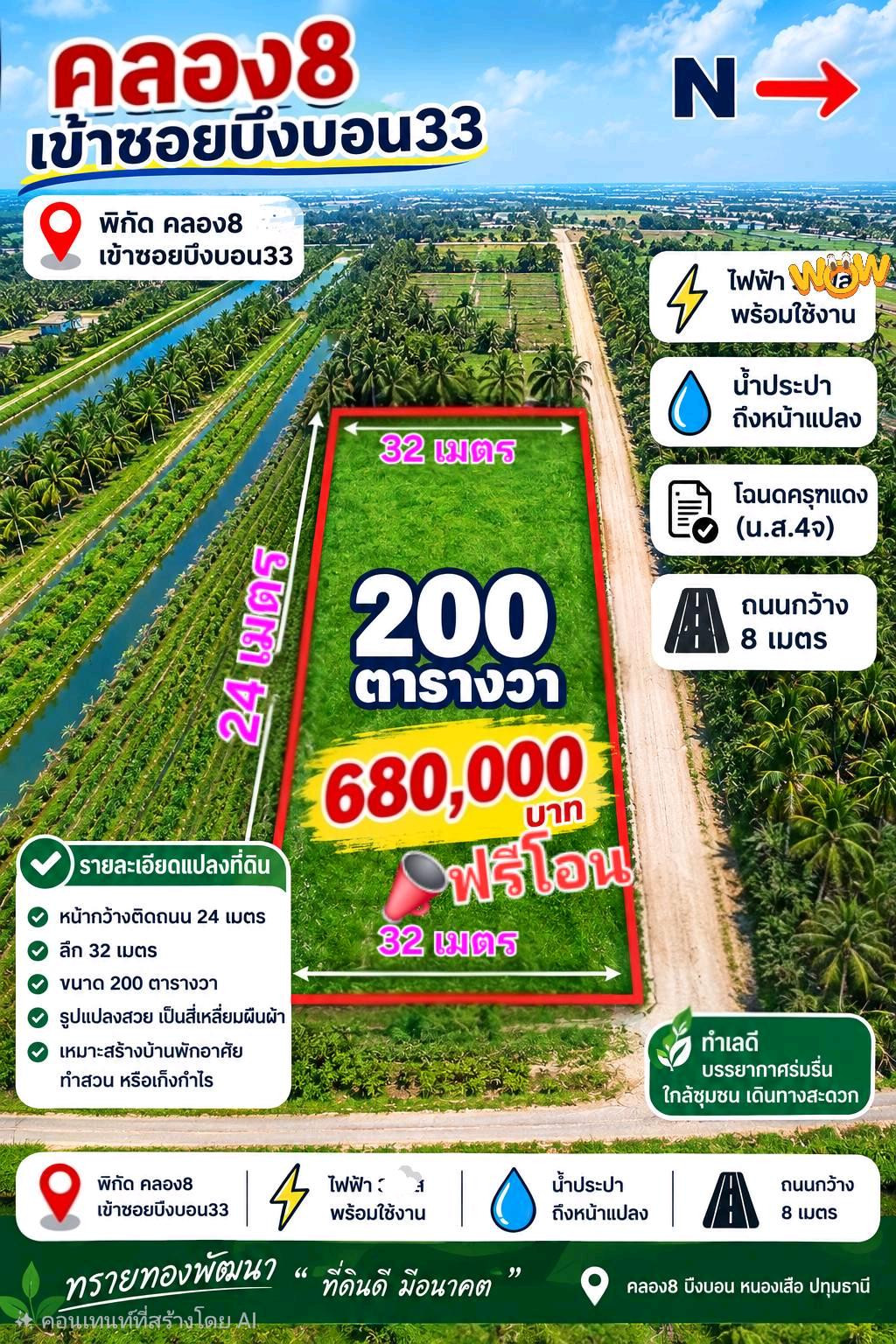 Escaping the water from the city, heading to the outskirts of the city, Khlong 8 land, Nong Suea can handle it. T.062-1574449 Escaping the water from the city, heading to the outskirts of the city, Khlong 8 land, Nong Suea can handle it. T.062-1574449