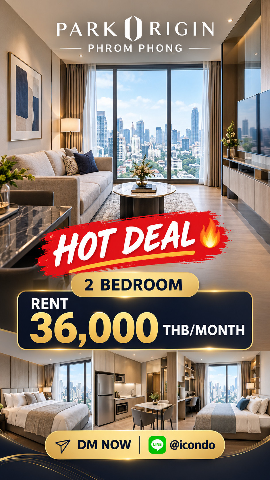 🔥 HOT DEAL! ห้อง 2 ห้องนอนให้เช่า Park Origin พร้อมพงษ์ 🔥