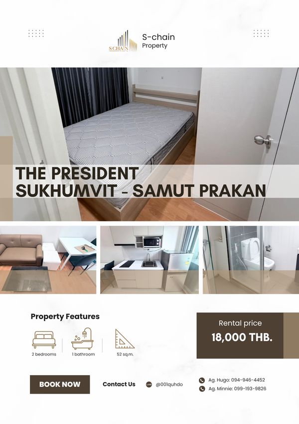 🏙️🚆 2 bedrooms, spacious room, next to BTS Phraeksa! 💖✨ The President Sukhumvit Samut Prakan ✨ NO-084