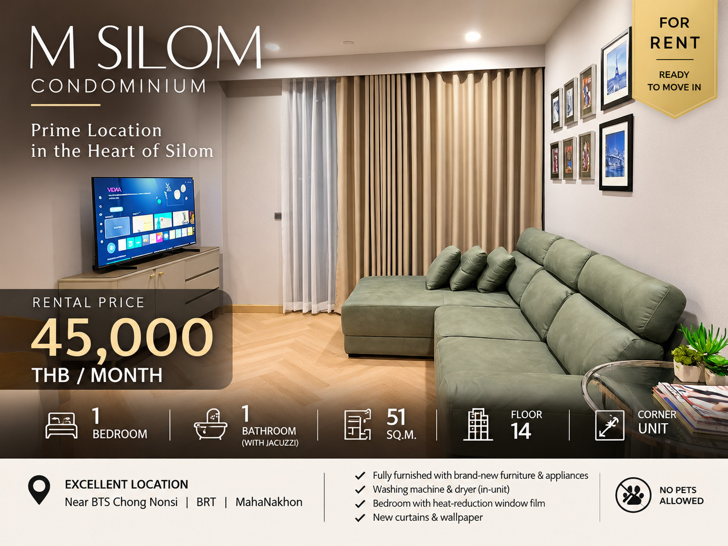 For rent M Silom 1 Bedroom 51 sq m, corner room, 14th floor, near BTS Chong Nonsi. For rent M Silom 1 Bedroom 51 sq m, corner room, 14th floor, near BTS Chong Nonsi.