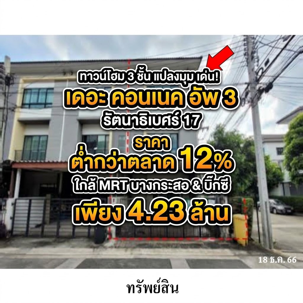 ทำเลเมือง นนทบุรี! ขายทาวน์โฮม 3 ชั้น (แปลงมุม) ราคาตำ่กว่าตลาด 12% เดอะ คอนเนค อัพ 3 รัตนาธิเบศร์ 17 ใกล้ MRT บางกระสอ &amp; บิ๊กซี เพียง  4,230,000.-
