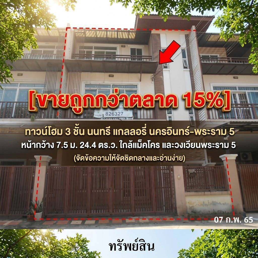 [Selling 15% cheaper than the market] 3-story townhome, Nonsi Gallery, Nakhon In-Rama 5, width 7.5 m., 24.4 sq m., near Makro and Rama 5 roundabout, only 3,739,000.-