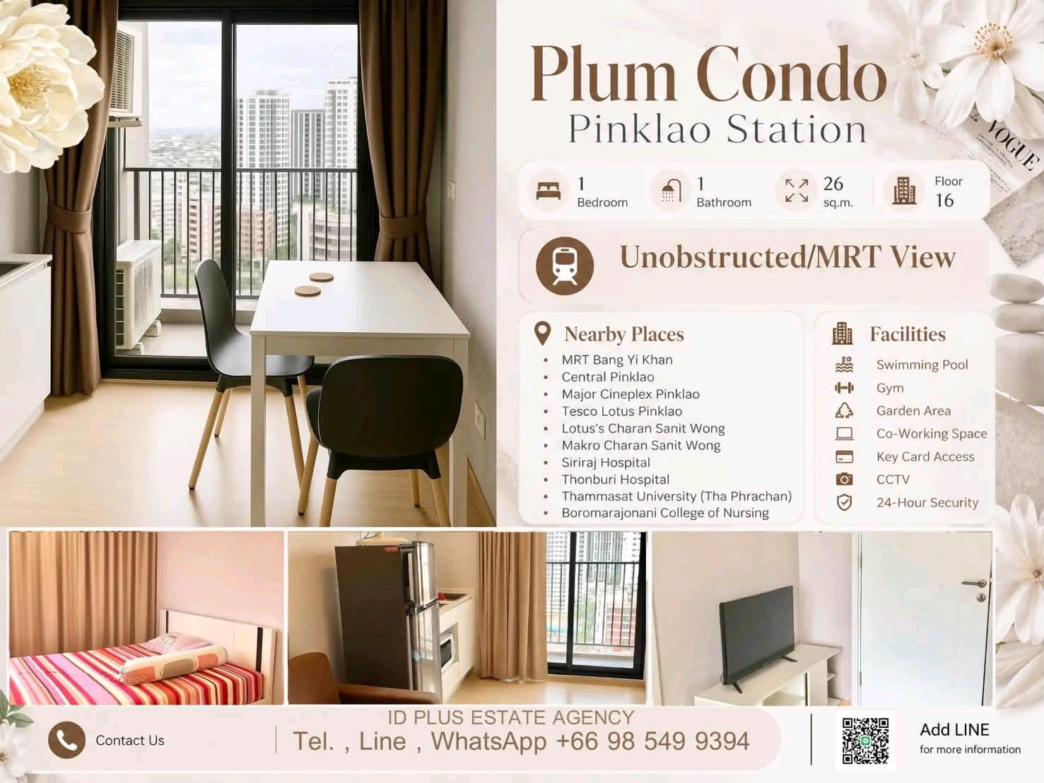 Condo room for Rent : Plum condo Pinklao Station 1 bedroom 1 bathroom for 26 sq.m Unobstructed / MRT view On 16th floor. fully furnished and electrical appliances. Walk 7 mins. To MRT Bangyikhan. Rental Only for 10,500 / M. Condo room for Rent : Plum condo Pinklao Station 1 bedroom 1 bathroom for 26 sq.m Unobstructed / MRT view On 16th floor. fully furnished and electrical appliances. Walk 7 mins. To MRT Bangyikhan. Rental Only for 10,500 / M.