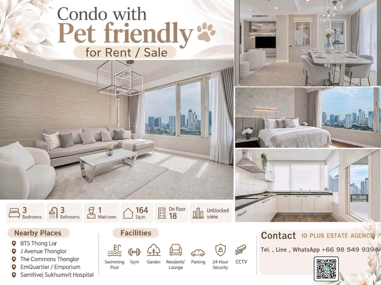 Condo Pet friendly 🐈 for Sale/Rent 3 bedrooms 3 bathrooms 1 Maid Room for 164 sq.m Unbloked view On 18th floor. fully furnished and electrical appliances. Walk 5 mins. To The Commons Thonglor. Sale Only for 29MB. / Rental Only for 130,000 / M.