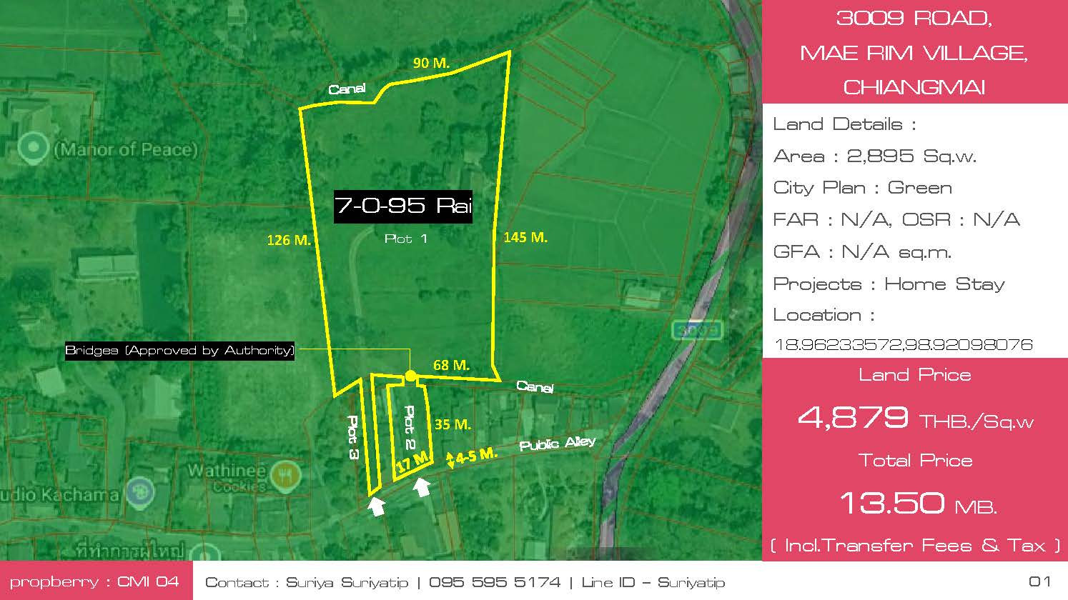 ขายที่ดินผังสีเขียว ถนน 3009 ใกล้โรงเรียนนานาชาติเปรมติณสูลานนท์ แม่ริม เชียงใหม่ เนื้อที่ 7-0-95 ไร่