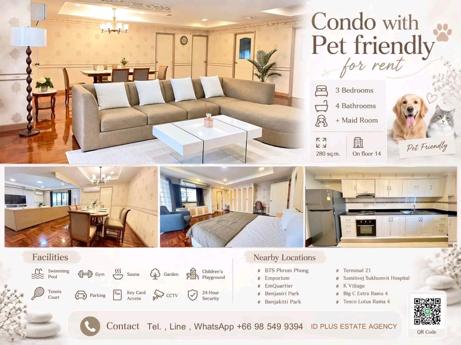 Condo with Pet friendly for Rent 🐈 3 bedrooms 4 bathrooms + maid room for 280 sq.m On 14th floor. fully furnished and electrical appliances. Walk 9 mins. To BTS Phnom phong. Rental Only for 85,000  / M.