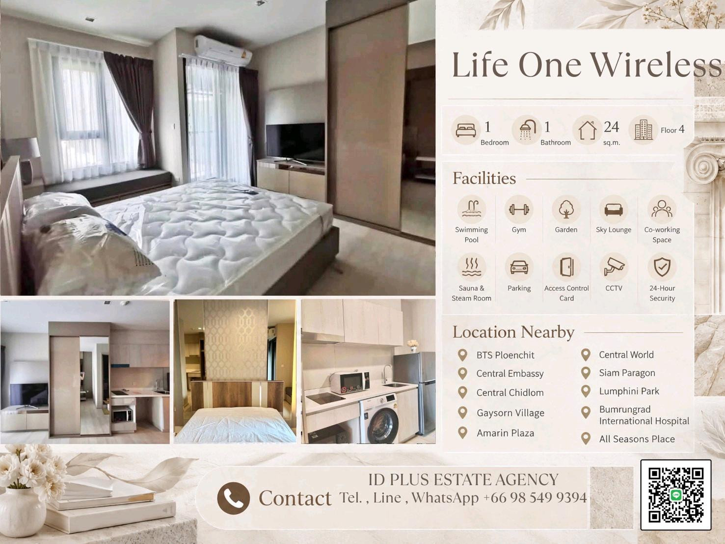 🏢 Condo room for Rent | Life One wireless @🚶🏻‍♂️walk 7 mins. to BTS Ploenchit @ 📍 Location: Ploenchit 💰 Rental Price: 17K.  📐 Size: 24 sq.m 🛏️ Type: Studio room 🏙️ Floor: 4th floor