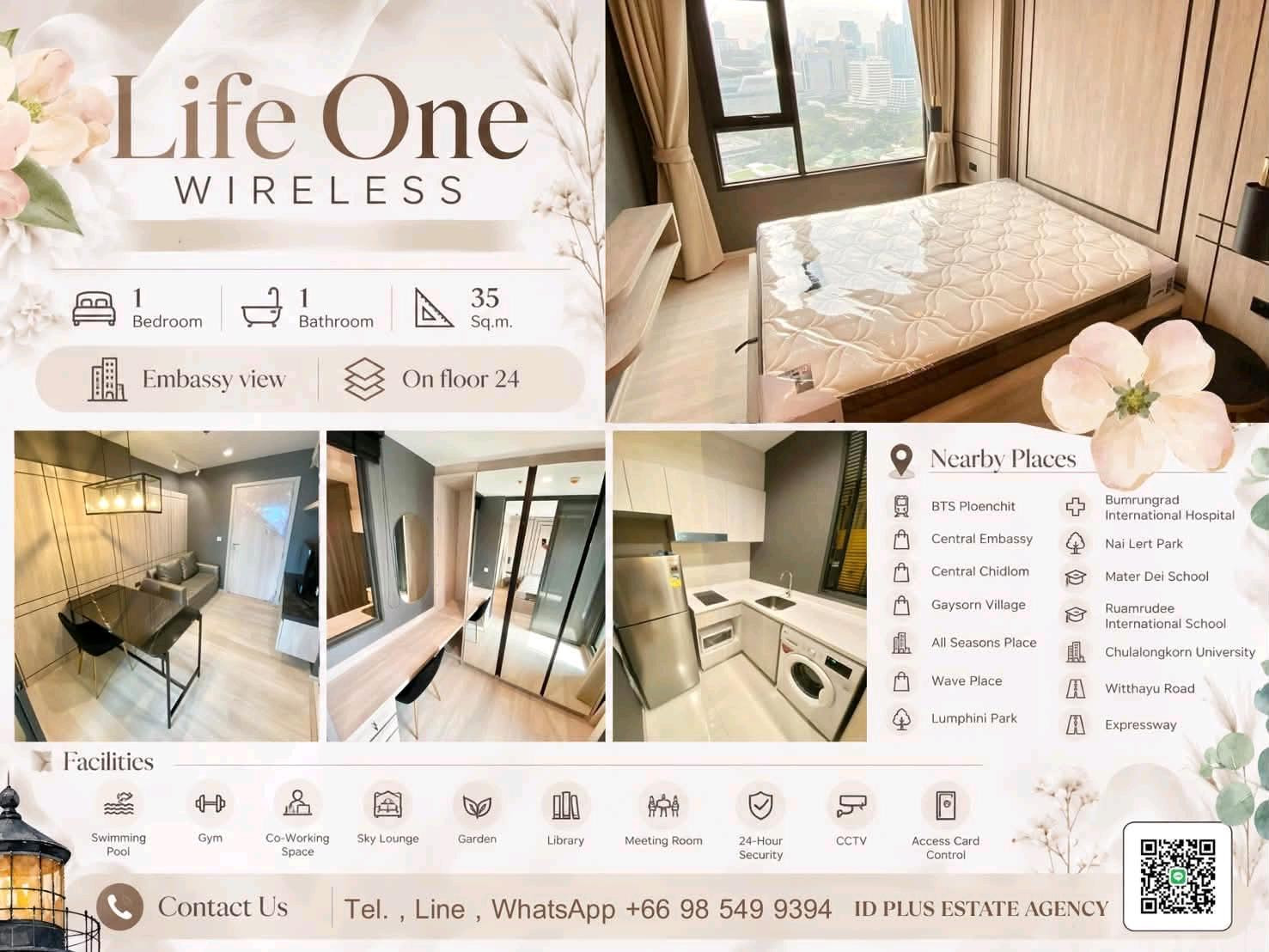 Condo room for Rent : Life One Wireless 1 bedroom 1 bathroom for 35 sq.m Embassy view On 24th floor. fully furnished and electrical appliances. Walk 7 mins. to BTS Ploenchit Rental Only for 23,000 / m. Condo room for Rent : Life One Wireless 1 bedroom 1 bathroom for 35 sq.m Embassy view On 24th floor. fully furnished and electrical appliances. Walk 7 mins. to BTS Ploenchit Rental Only for 23,000 / m.