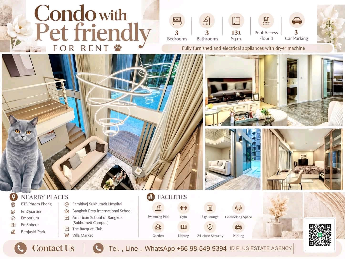 Condo with Pet friendly for Rent 🐈 3 bedrooms 3 bathrooms for 131 sq.m Pool access On 1st floor. fully furnished and electrical appliances with dryer machine and 3 car parking. Walk 6 mins. To BTS Phnom phong. Rental Only for 145,000 / m.