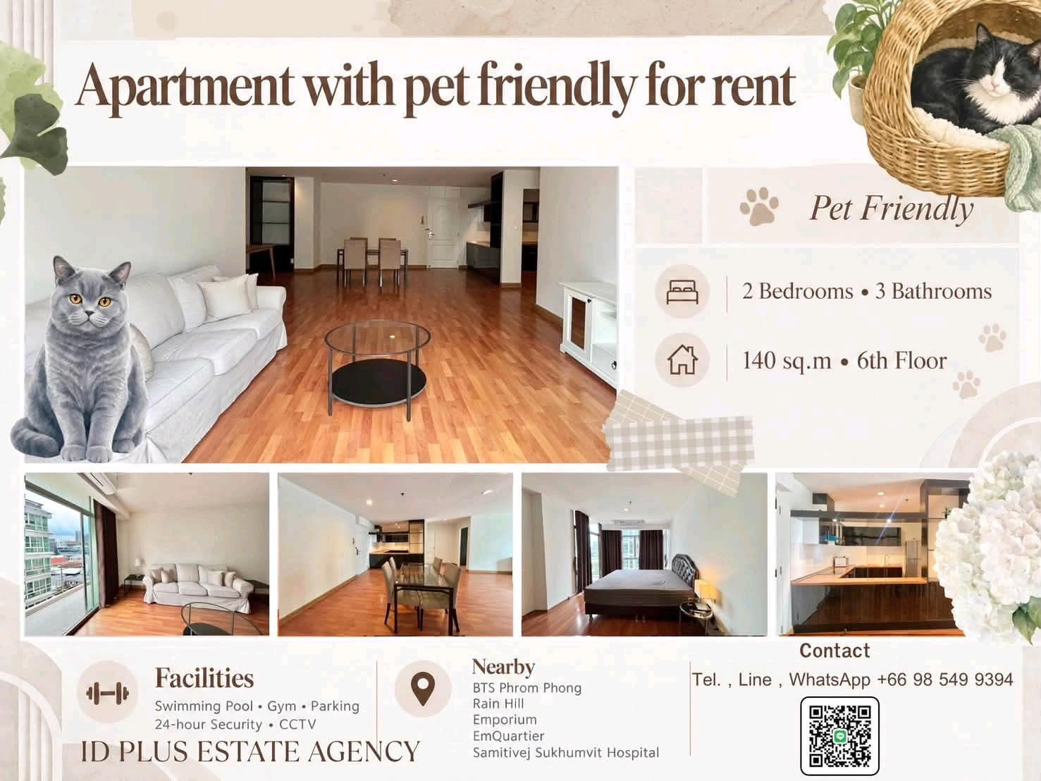 Condo Pet friendly 🐈 for Rent 2 bedrooms 3 bathrooms for 140 sq.m On 6th floor. fully furnished and electrical appliances. Walk 6 mins. To Phrom Phong. Rental Only for 55,000 / M. Condo Pet friendly 🐈 for Rent 2 bedrooms 3 bathrooms for 140 sq.m On 6th floor. fully furnished and electrical appliances. Walk 6 mins. To Phrom Phong. Rental Only for 55,000 / M.