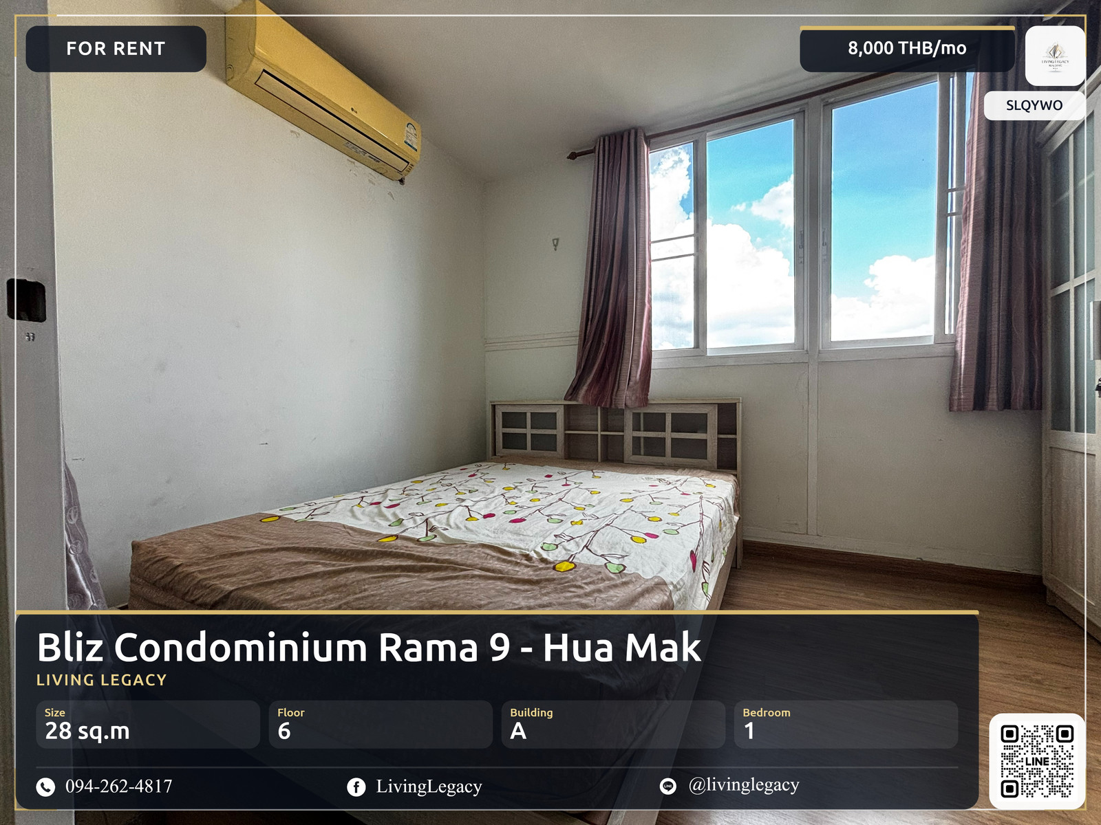 SLQYWO เช่าด่วน คอนโด Bliz Condominium Rama 9 - Hua Mak 28 ตร.ม. | ชั้น 6 | 1 ห้องนอน | 1 ห้องน้ำ 8,000 บาท/เดือน line id : @livinglegacy