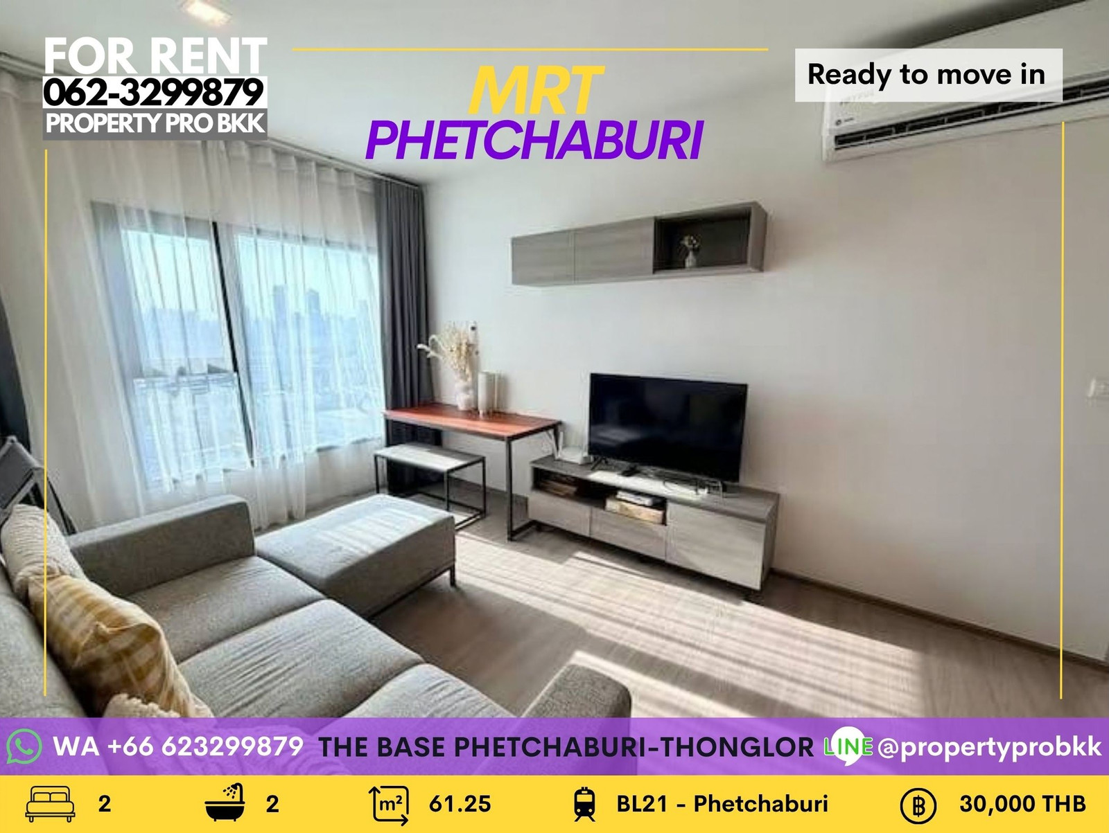 🌟 FOR RENT | THE BASE PHETCHABURI–THONGLOR 🌟 2 Bedrooms | 2 Bathrooms | 61.25 SQ.M. | High Floor 