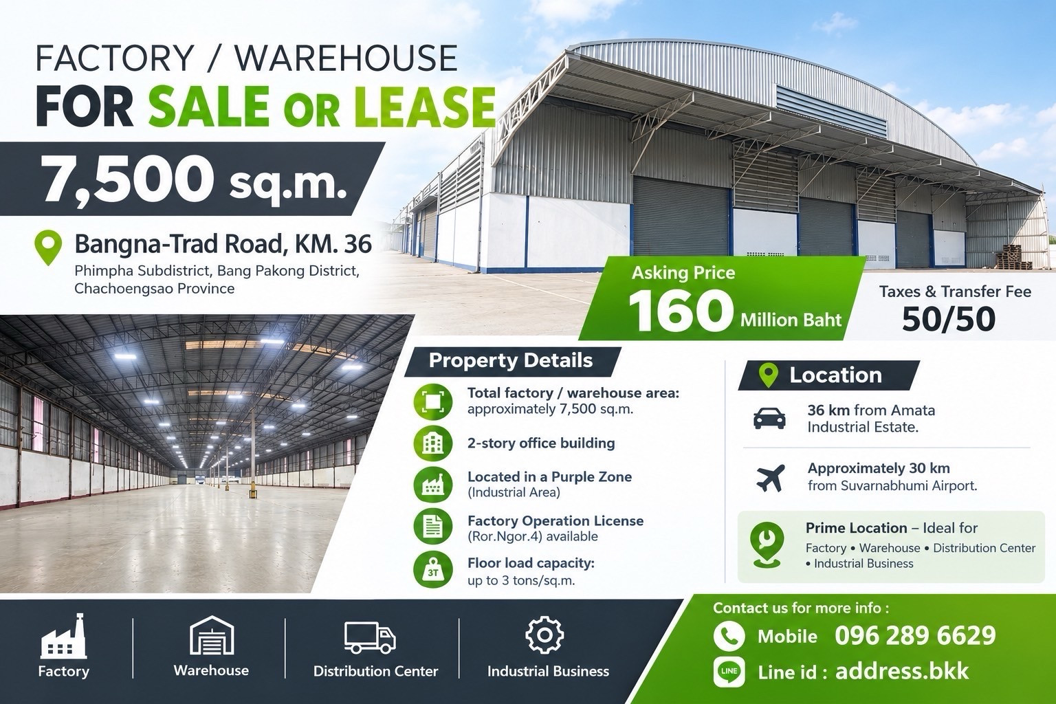 🏭 ขาย / ให้เช่า โรงงาน-โกดัง พื้นที่ 7,500 ตร.ม.  📍 ทำเลบางนา-ตราด กม.36 ใกล้ นิคมอุตสาหกรรมเวลโกรว์ (Wellgrow Industrial Estate) ต.พิมพา อ.บางปะกง จ.ฉะเชิงเทรา  