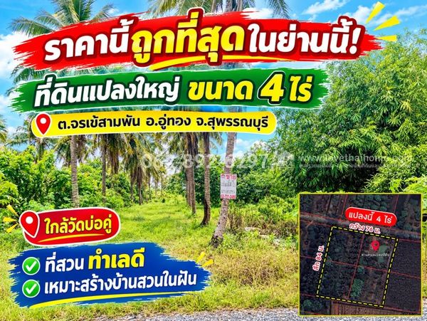 ขายที่ดิน ต.จรเข้สามพัน อ.อู่ทอง จ.สุพรรณบุรี ที่สวย ขนาด 4 ไร่ ที่สวน ทำเลดี บรรยากาศสุดร่มรื่น! พิเศษเพียง 320,000 บาท/ไร่ (ราคารวมยกแปลงเพียง 1,280,000 บาทเท่านั้น!) ราคานี้ถูกที่สุดในย่านนี้! ได้แปลงใหญ่ บรรยากาศดี รายล้อมด้วยธรรมชาติ