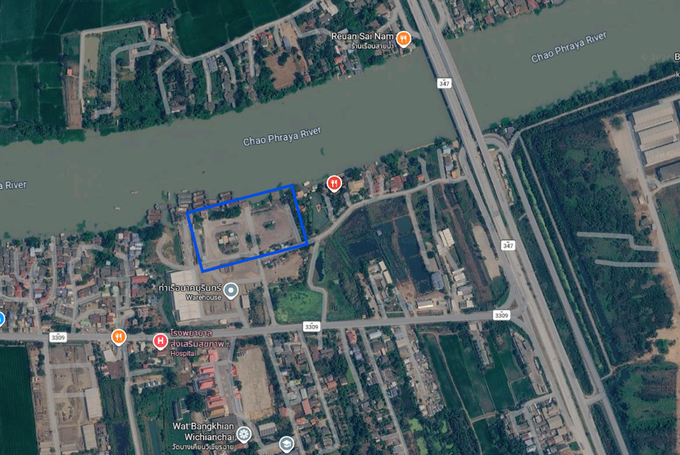 For rent: 9 rai of vacant land next to the Chao Phraya River, filled in at high level, flooding does not reach. With a sand transport pier, near Road 347, Koh Kerd Bridge, Bang Pa-in, Ayutthaya.