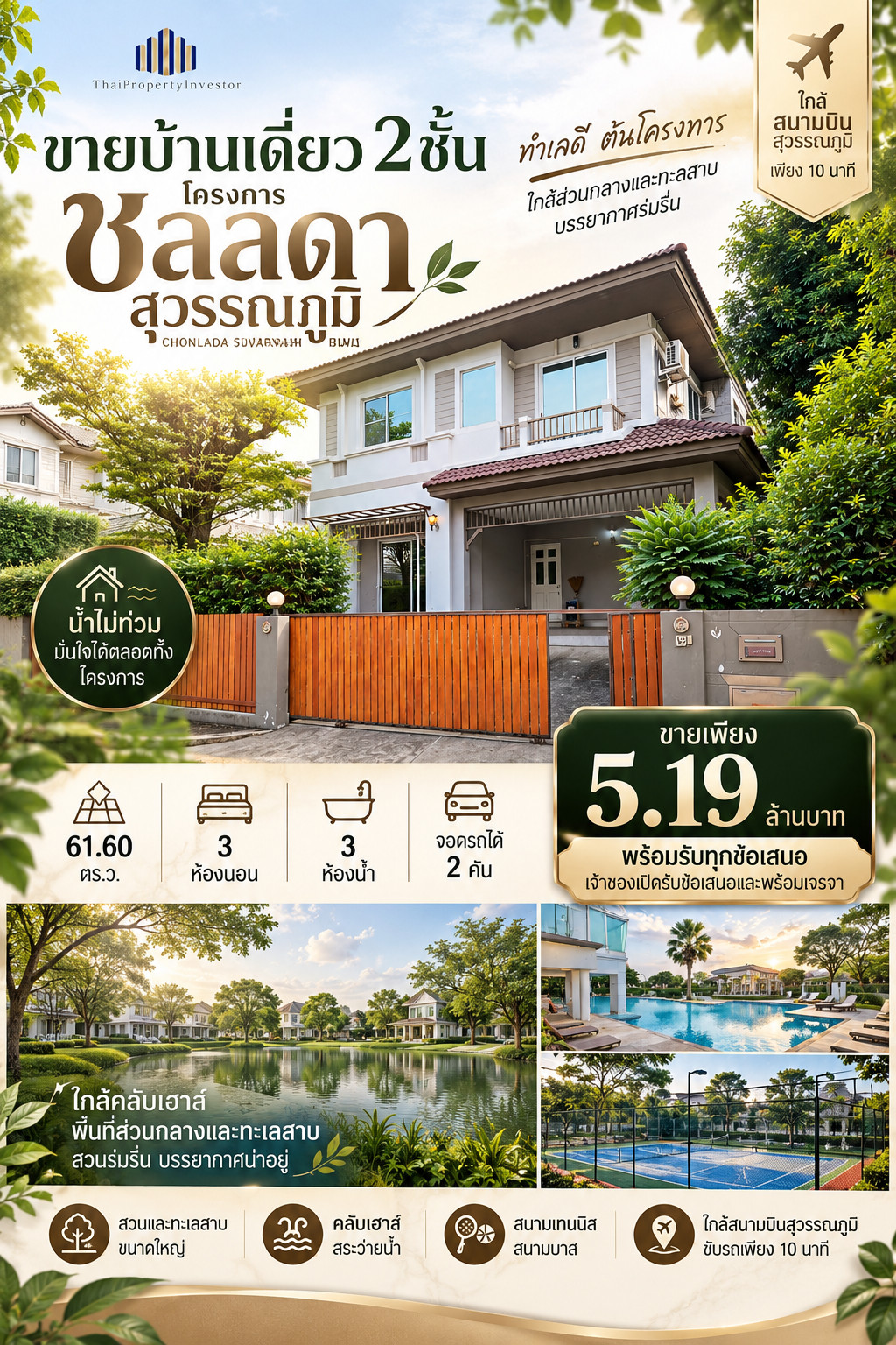 ขายบ้านเดี่ยว 2 ชั้น โครงการชลลดา สุวรรณภูมิ น้ำไม่ท่วม ขนาด 61.60 ตร.ว  ทำเลต้นโครงการ  ใกล้ส่วนกลางและทะเลสาบ บรรยากาศร่มรื่น ราคา 5.19 ล้าน ใจดียินดีพิจารณาทุกข้อเสนอ 