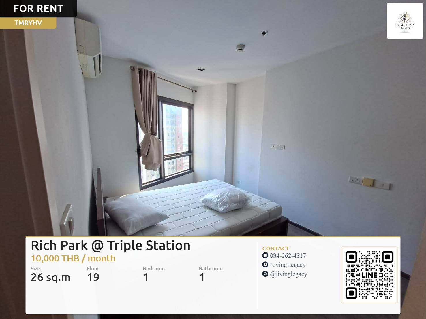 TMRYHV Urgent rent, Condo Rich Park @ Triple Station, 26 sq m, 19th floor | 1 bedroom, 1 bathroom, ready to move in, 10,000 baht/month LINE: @livinglegacy TMRYHV Urgent rent, Condo Rich Park @ Triple Station, 26 sq m, 19th floor | 1 bedroom, 1 bathroom, ready to move in, 10,000 baht/month LINE: @livinglegacy