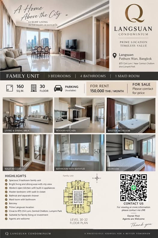 For Rent Condo 3-Bedroom Family Residence at Q Langsuan Condominium Spacious home in the heart of Langsuan, near BTS Chit Lom, with city views and Ready to move in. For Rent Condo 3-Bedroom Family Residence at Q Langsuan Condominium Spacious home in the heart of Langsuan, near BTS Chit Lom, with city views and Ready to move in.