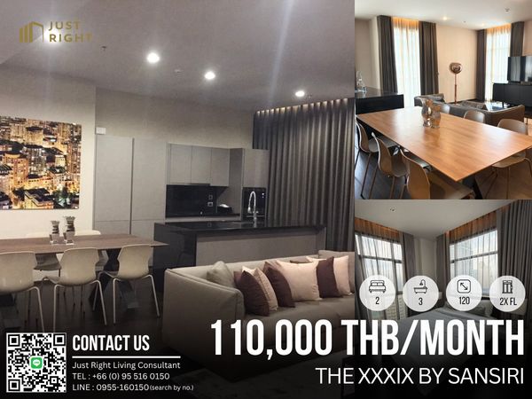 ให้เช่า The XXXIX by Sansiri, 2 ห้องนอน 3 ห้องน้ำ ขนาด 120 ตร.ม ชั้น 2x เฟอร์ครบ ห้องใหญ่ พร้อมอยู่ ราคา 110,000 บาท/เดือน สัญญา 1 ปีเท่านั้น