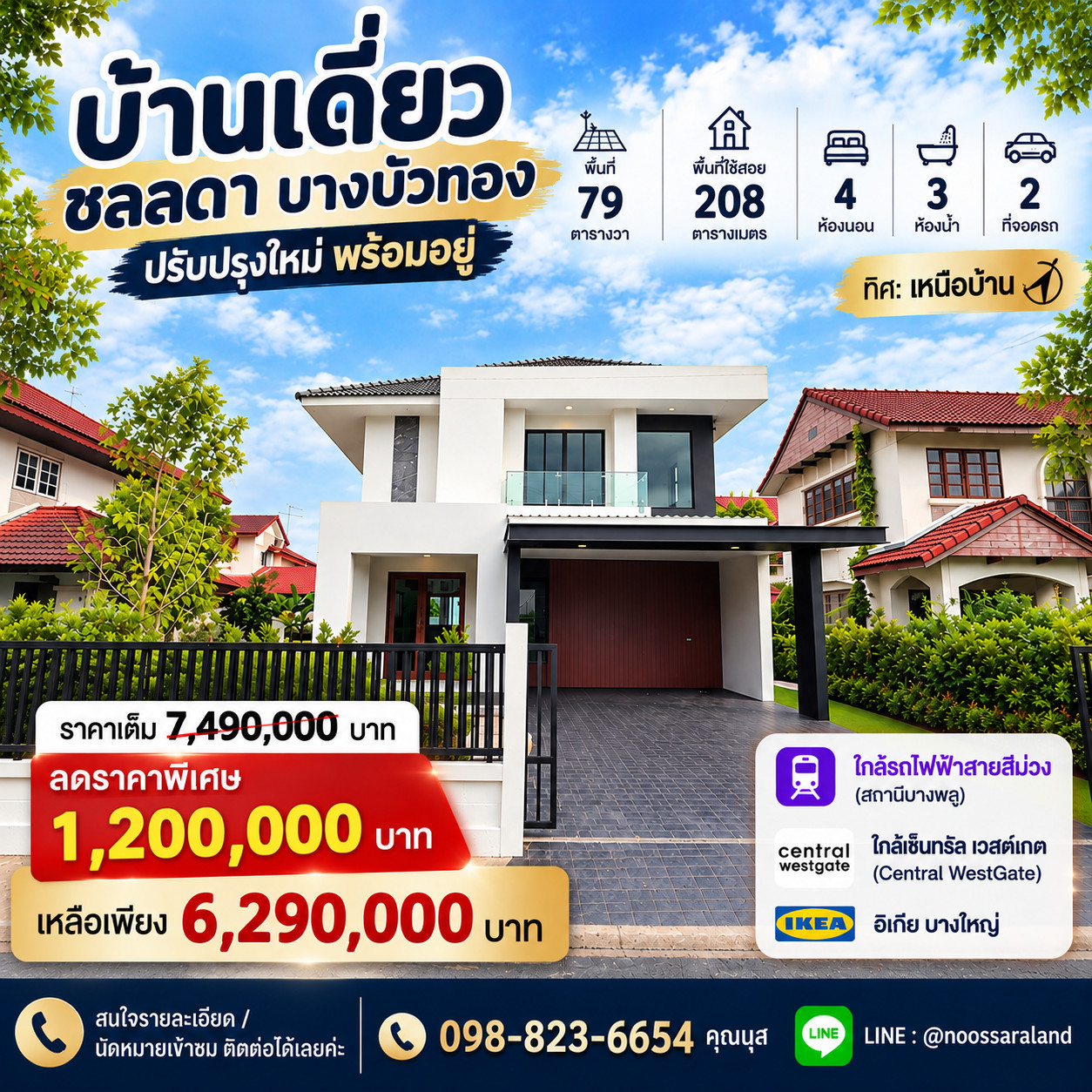 Chonlada Bang Bua Thong, reduced by hundreds of thousands, detached house with wide area. Good location, convenient travel