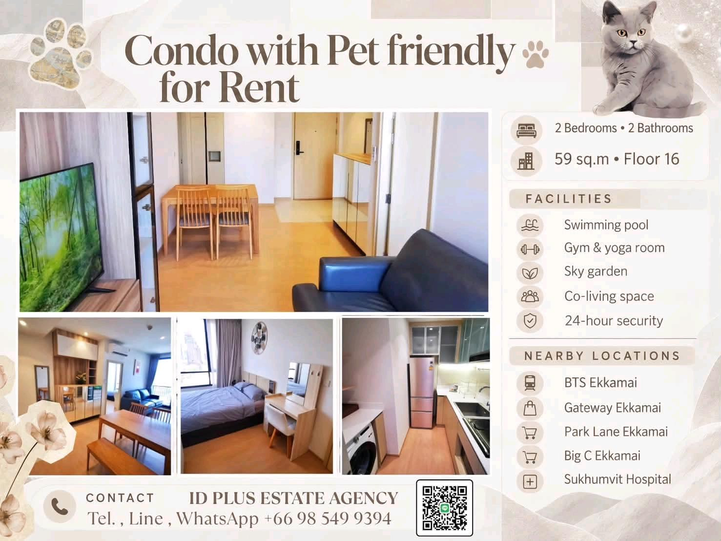 Maru Ekkamai 2 Condo with Pet friendly for Rent 🐈 2 bedrooms 2 bathrooms for 59 sq.m On 16th floor. fully furnished and electrical appliances. Walk 5 mins. To BTS Ekkamai. Rental Only for 60,000 / M. Maru Ekkamai 2 Condo with Pet friendly for Rent 🐈 2 bedrooms 2 bathrooms for 59 sq.m On 16th floor. fully furnished and electrical appliances. Walk 5 mins. To BTS Ekkamai. Rental Only for 60,000 / M.