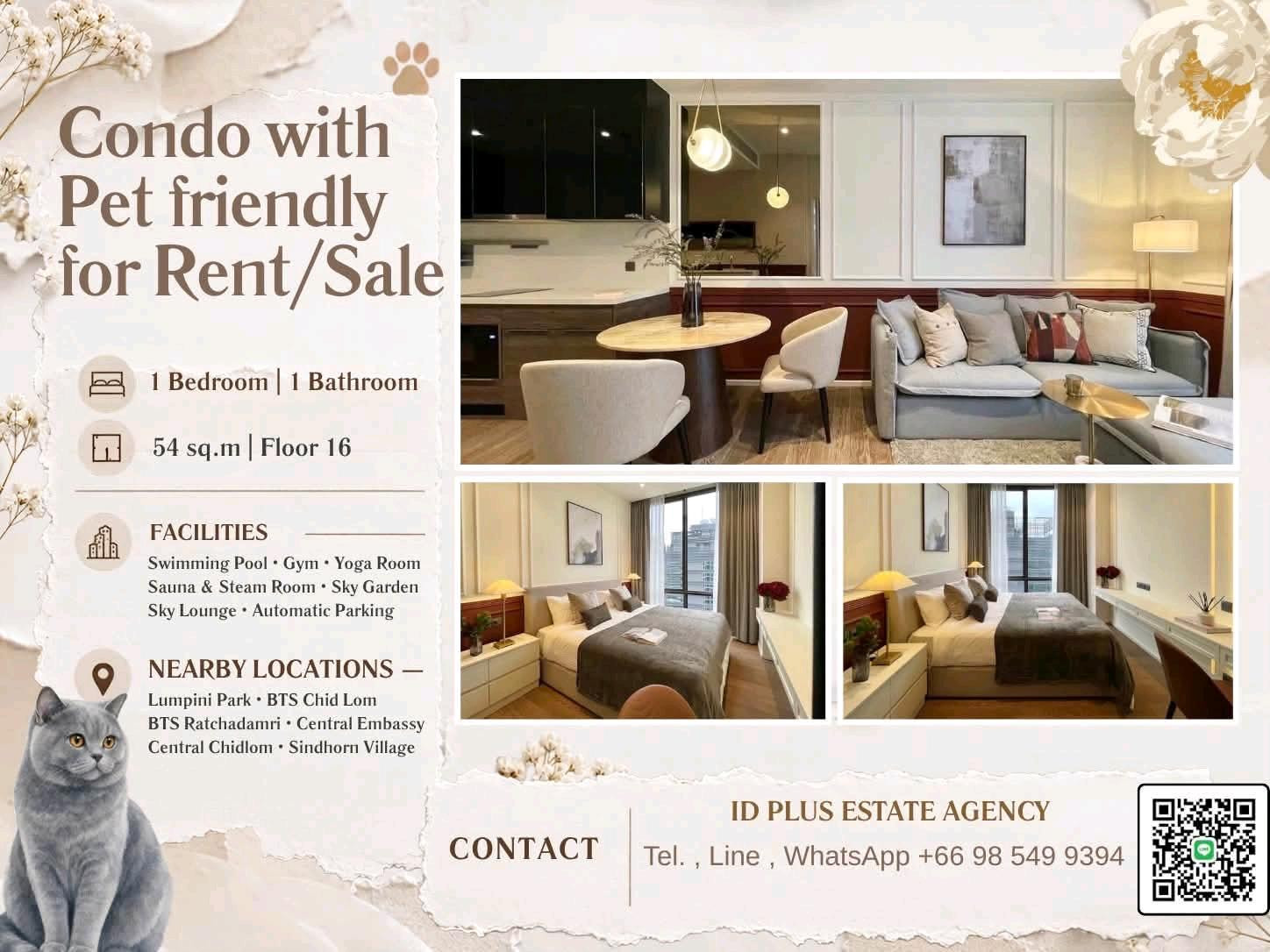 Condo Pet friendly for Sale / Rent🐈 1 bedroom 1 bathroom for 54 sq.m On 16th floor. fully furnished and electrical appliances. Next to Lumpini Park. Sale Only for 23 MB. / Rental Only for 70,000 / M.
