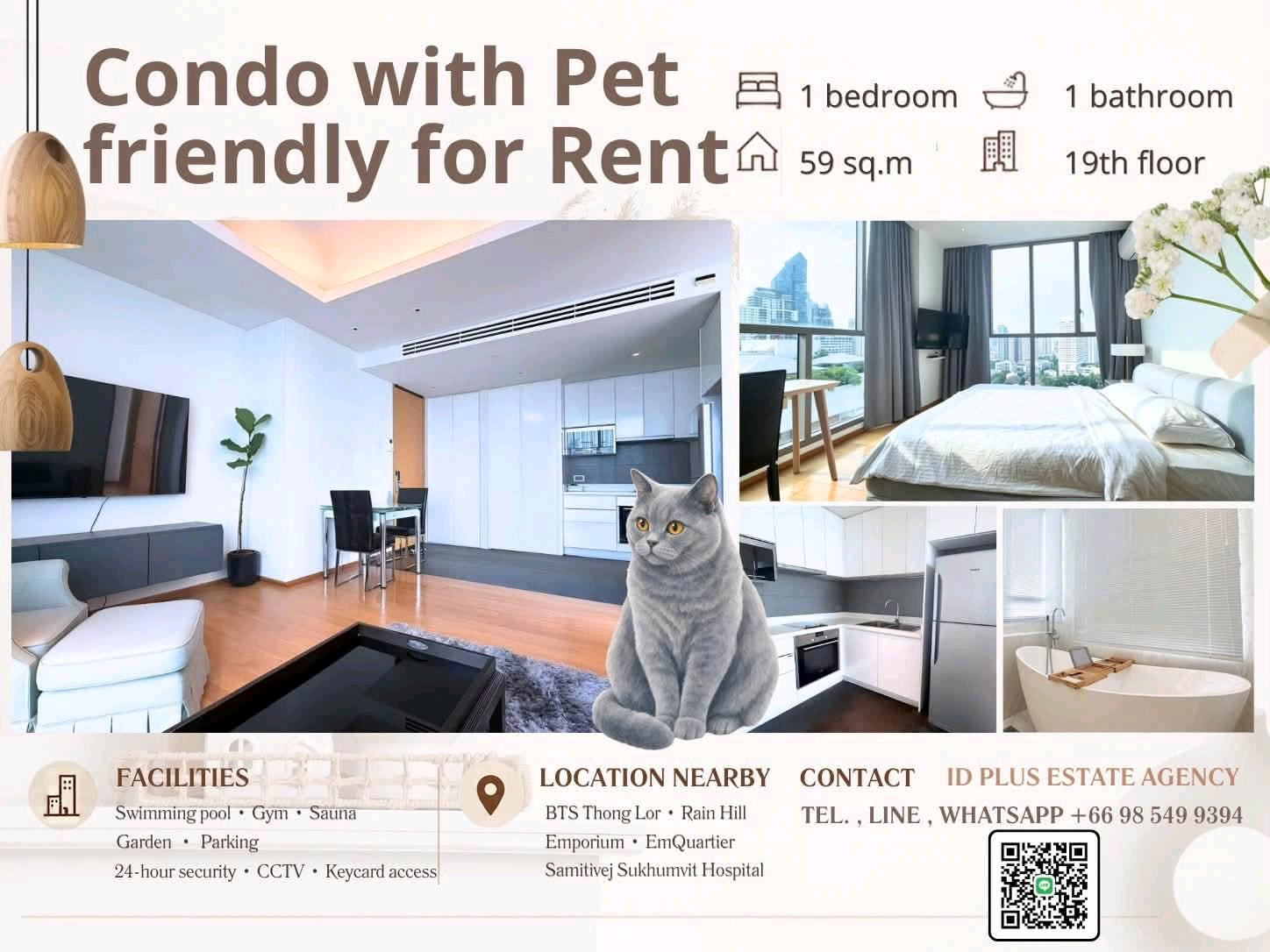 Condo with Pet friendly for Rent 🐈 1 bedroom 1 bathroom for 59 sq.m On 19th floor. fully furnished and electrical appliances. Walk 5 mins. To BTS Thonglor. Rental Only for 53,000 / Rental with No pet Only for 48,000 / M. Condo with Pet friendly for Rent 🐈 1 bedroom 1 bathroom for 59 sq.m On 19th floor. fully furnished and electrical appliances. Walk 5 mins. To BTS Thonglor. Rental Only for 53,000 / Rental with No pet Only for 48,000 / M.