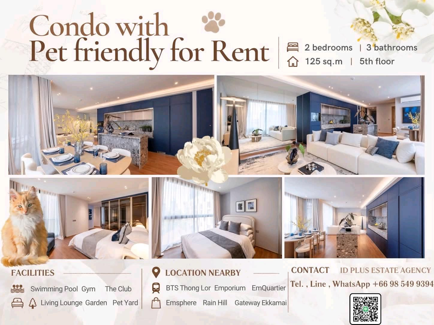 Condo with Pet friendly for Rent 🐈 2 bedrooms 3 bathrooms for 125 sq.m On 5th floor. fully furnished and electrical appliances. Walk 5 mins. To BTS Thonglor. Rental Only for 180,000 / M.