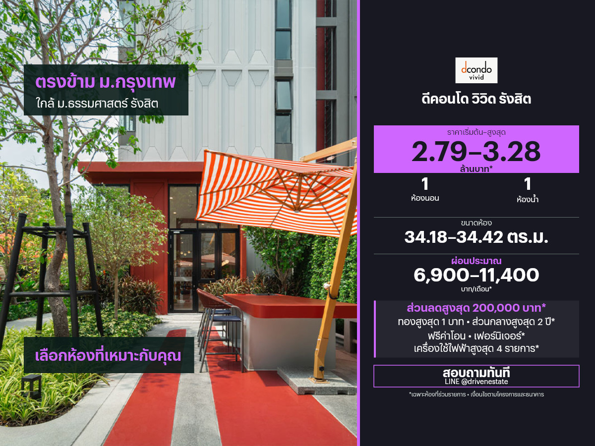 ขายคอนโด ดีคอนโด วิวิด รังสิต 34.18–34.42 ตร.ม.