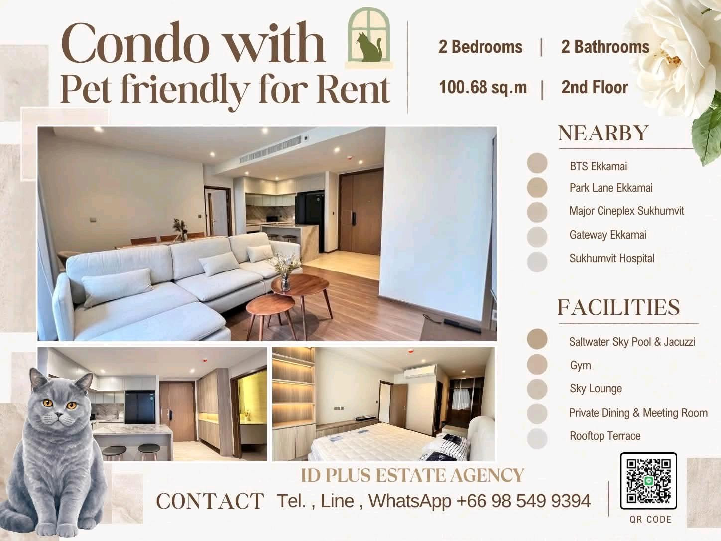 Condo with Pet friendly for Rent 🐈 2 bedrooms 2 bathrooms for 100.68 sq.m On 2nd floor. fully furnished and electrical appliances. Walk few mins. To BTS Ekkamai. Rental Only for 100,000 / M. Condo with Pet friendly for Rent 🐈 2 bedrooms 2 bathrooms for 100.68 sq.m On 2nd floor. fully furnished and electrical appliances. Walk few mins. To BTS Ekkamai. Rental Only for 100,000 / M.