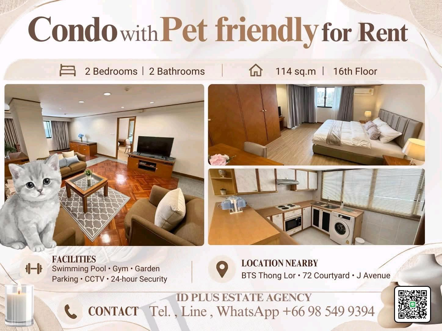 Condo with Pet friendly for Rent 🐈 2 bedrooms 2 bathrooms for 114 sq.m On 16th floor. fully furnished and electrical appliances. To Samitivej hospital 1 Km. Rental Only for 50,000 / M. Condo with Pet friendly for Rent 🐈 2 bedrooms 2 bathrooms for 114 sq.m On 16th floor. fully furnished and electrical appliances. To Samitivej hospital 1 Km. Rental Only for 50,000 / M.