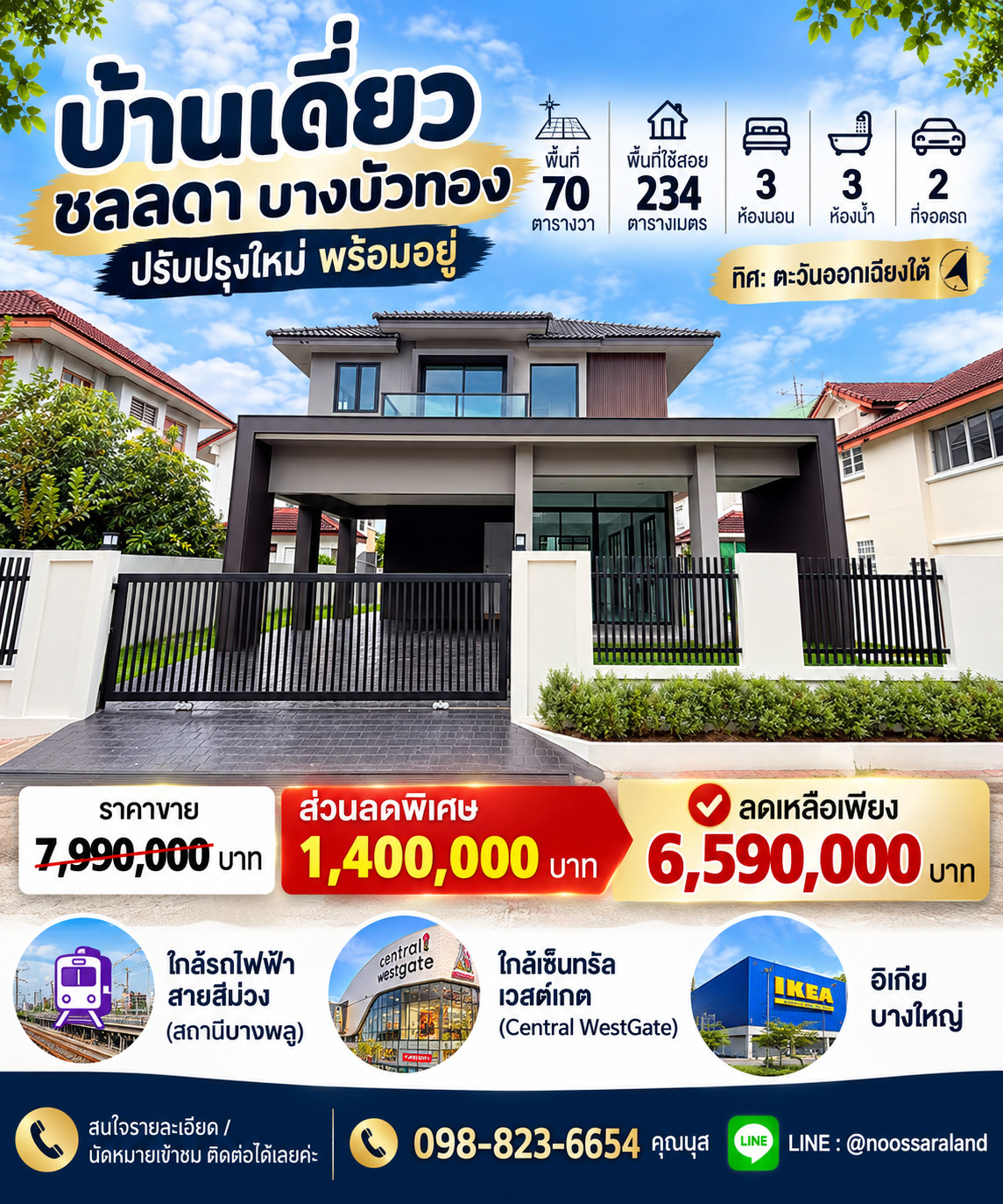 Chonlada Bang Bua Thong, reduced by hundreds of thousands, detached house with wide area. Shady atmosphere