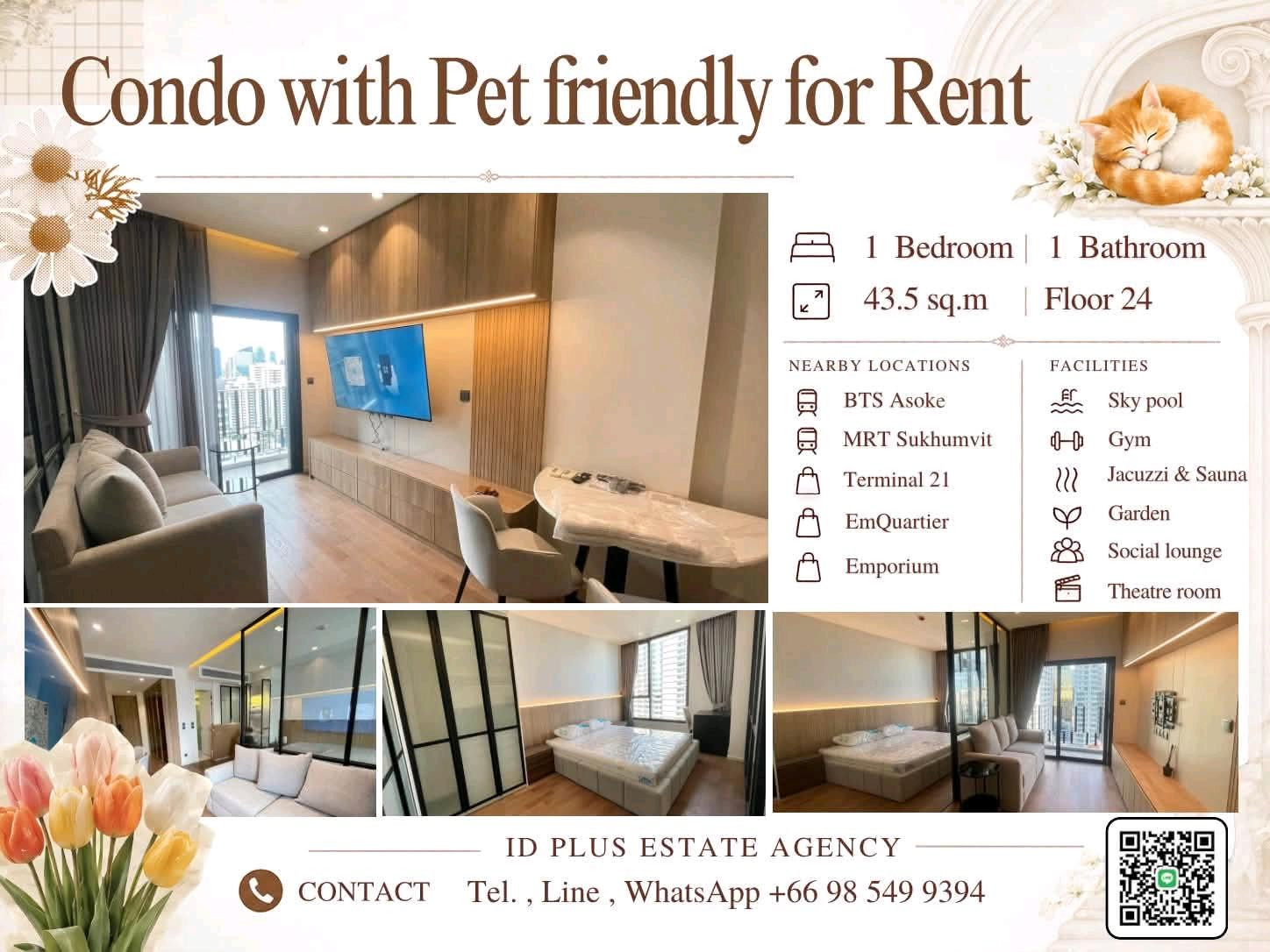 Condo with Pet friendly for Rent 🐈 1 bedroom 1 bathroom for 43.5 sq.m 24th floor. fully furnished and electrical appliances. Walk few mins. to BTS Asoke Rental Only for 45,000 / M. Condo with Pet friendly for Rent 🐈 1 bedroom 1 bathroom for 43.5 sq.m 24th floor. fully furnished and electrical appliances. Walk few mins. to BTS Asoke Rental Only for 45,000 / M.
