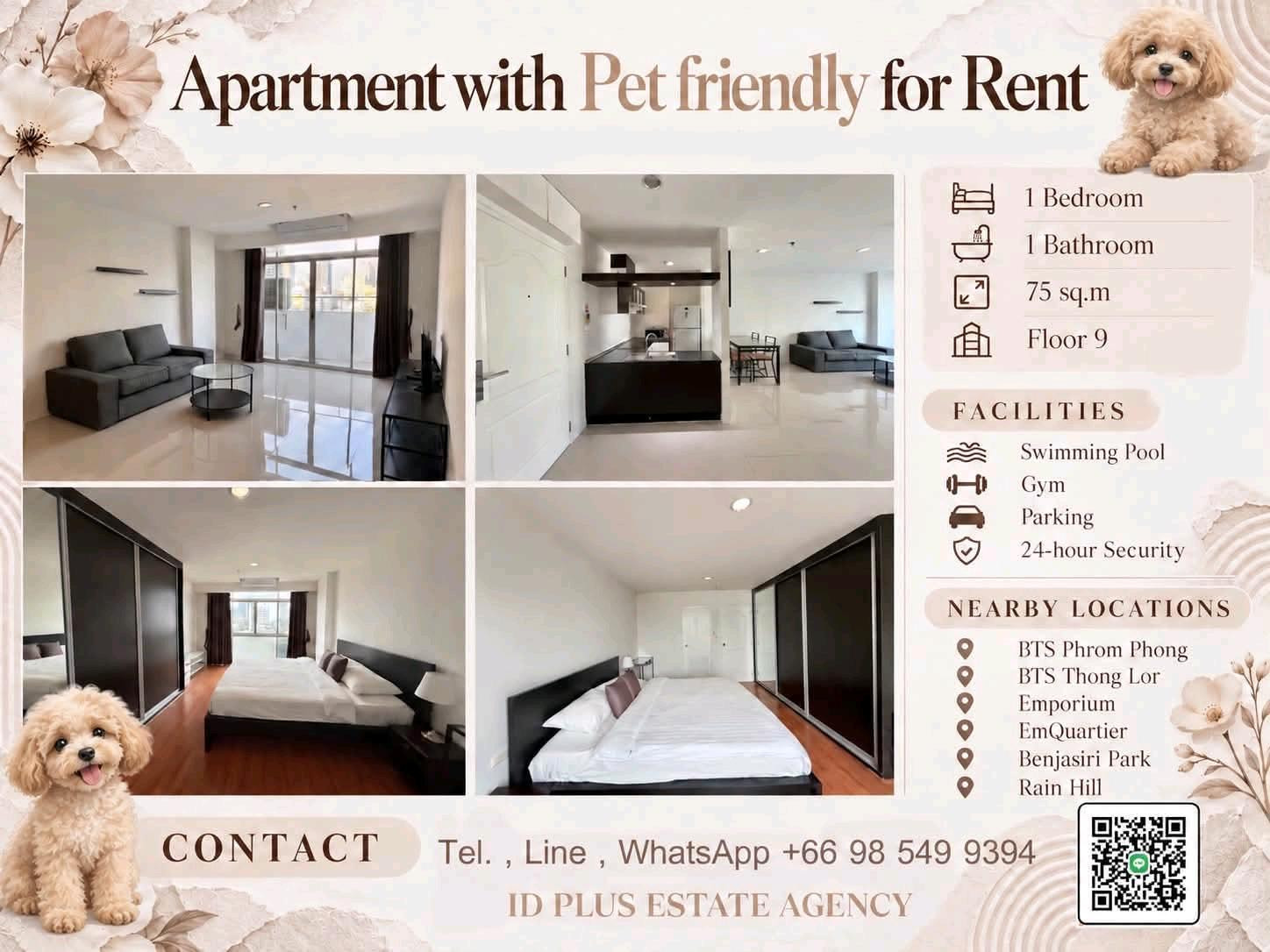 Apartment with Pet friendly for Rent 🐈 1 bedroom 1 bathroom for 75 sq.m On 9th floor. fully furnished and electrical appliances. Walk 6 mins. To Phrom Phong. Rental Only for 35,000 / M. Apartment with Pet friendly for Rent 🐈 1 bedroom 1 bathroom for 75 sq.m On 9th floor. fully furnished and electrical appliances. Walk 6 mins. To Phrom Phong. Rental Only for 35,000 / M.