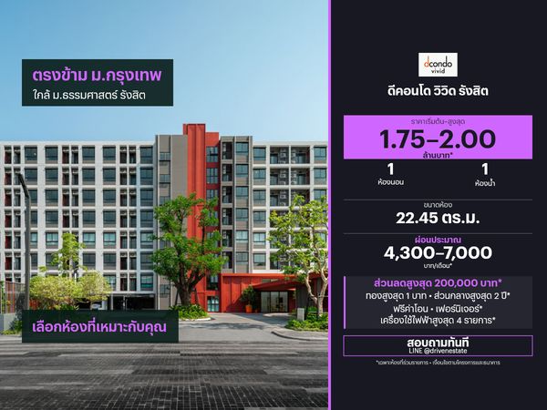 ขายคอนโด ดีคอนโด วิวิด รังสิต 22.45 ตร.ม.