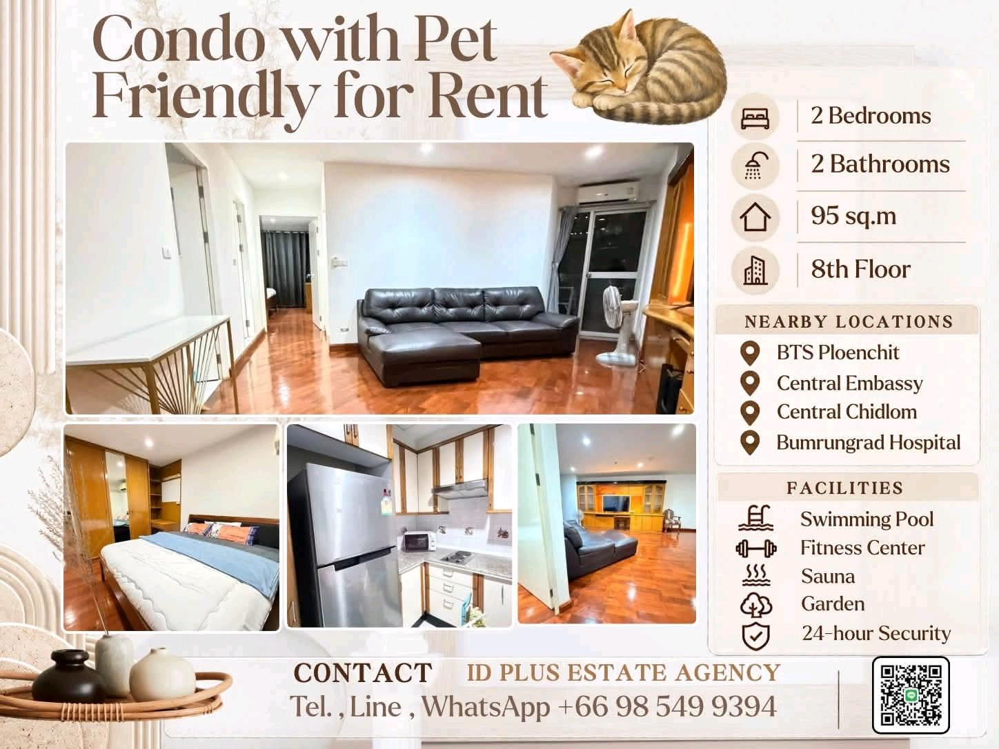 Condo with Pet friendly for Rent : 🐈 2 bedrooms 2 bathrooms for 95 sq.m On 8th floor. fully furnished and electrical appliances. Walk 9 mins. To BTS Ploenchit. Rental Only for 35,000 / M. Condo with Pet friendly for Rent : 🐈 2 bedrooms 2 bathrooms for 95 sq.m On 8th floor. fully furnished and electrical appliances. Walk 9 mins. To BTS Ploenchit. Rental Only for 35,000 / M.
