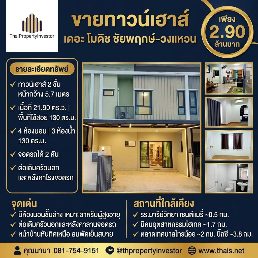 ขายทาวน์เฮาส์ เดอะ โมดิช ชัยพฤกษ์-วงแหวน | 21.90 ตร.ว. | 2.90 ล้านบาท (ต่อรองได้) 