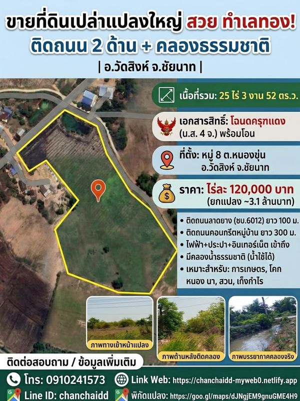 ขายที่ดินชัยนาท 25 ไร่ 3 งาน 52 ตร.ว. อำเภอวัดสิงห์ ทำเลดี ติดถนน 2 ด้าน โฉนดครุฑแดง