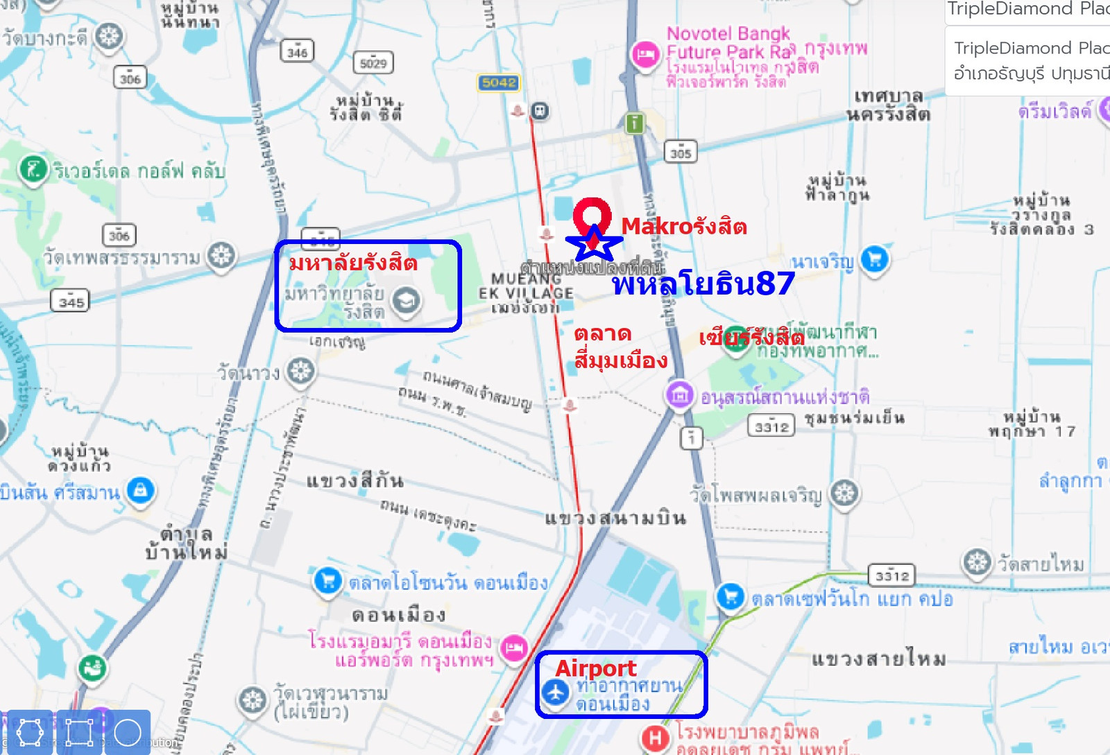 ขายที่ดิน 4 ไร่ พหลโยธิน 87 รังสิต พื้นที่สีแดง 72 ล้าน หลัง Makro ใกล้ตลาดสี่มุมเมือง เมืองเอก และโซนมหาวิทยาลัยรังสิต ตลาดสี่มุมเมือง Tel.084-694-8888